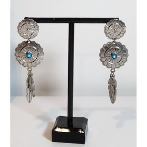 Silver Dangle Earrings with‎ Post Back and Blue Center